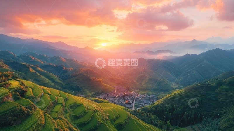 高清大图下载【趣麦麦图】日落山峦梯田景色