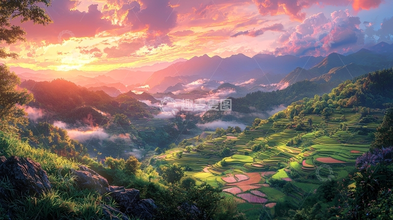 高清大图下载【趣麦麦图】日出山峦云海梯田