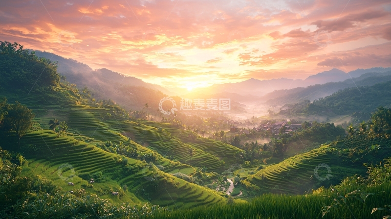 高清大图下载【趣麦麦图】日出山峦梯田景色
