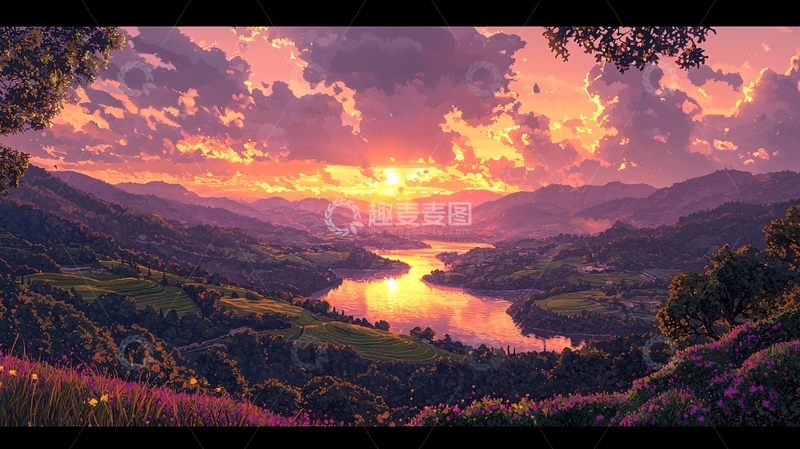 高清大图下载【趣麦麦图】梦幻般日落山谷湖泊景色