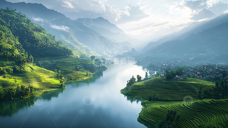 高清大图下载【趣麦麦图】山河环绕的宁静湖泊