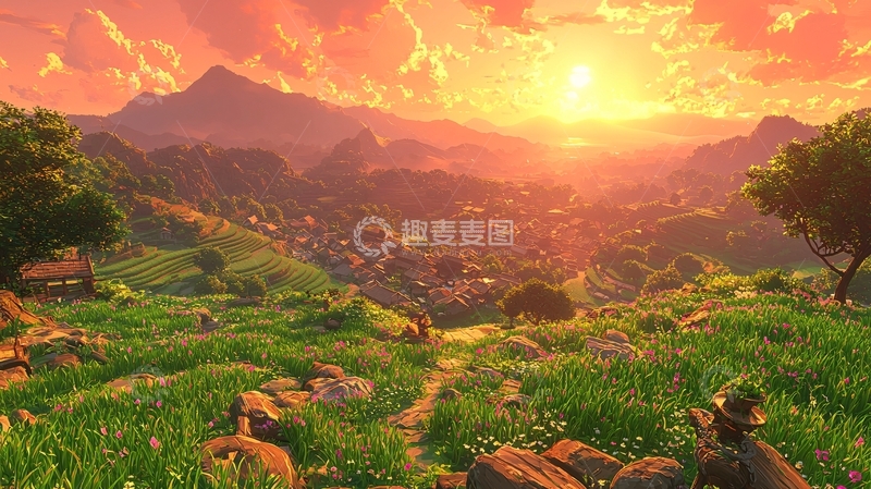高清大图下载【趣麦麦图】夕阳下的山村田园风光