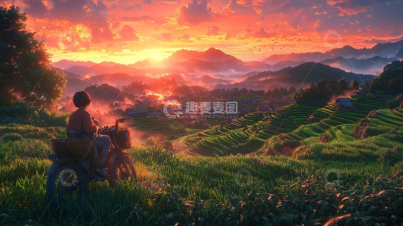高清大图下载【趣麦麦图】日落骑车乡间田园