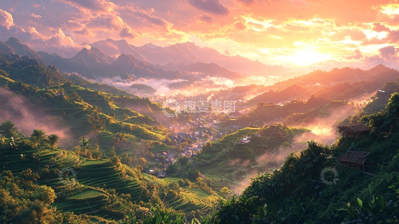 高清大图下载【趣麦麦图】山峦日出云海村庄