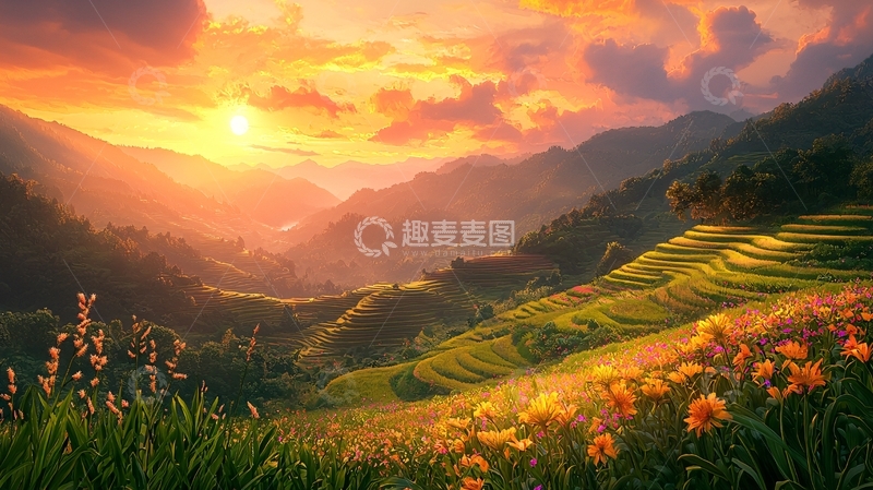 高清大图下载【趣麦麦图】夕阳下的梯田风景