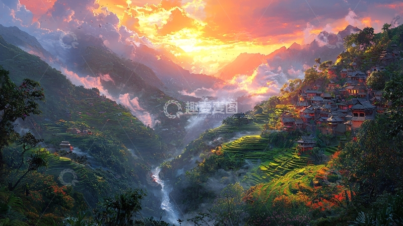 高清大图下载【趣麦麦图】山谷日落村庄景色