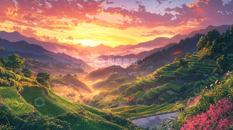 高清大图下载【趣麦麦图】日出云海梯田美景
