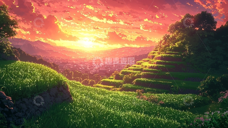 高清大图下载【趣麦麦图】日落梯田风景