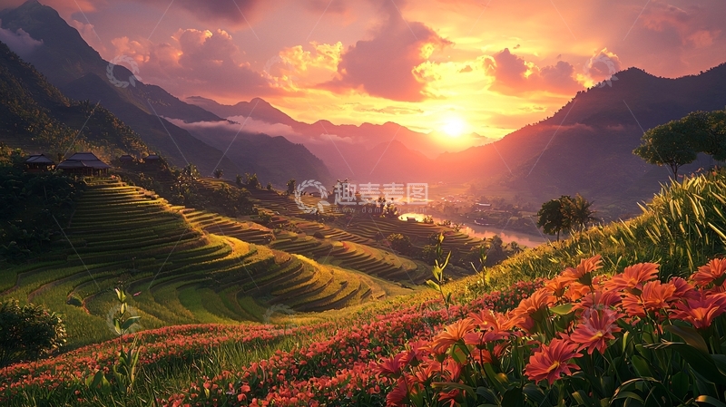 高清大图下载【趣麦麦图】日落山谷梯田花海