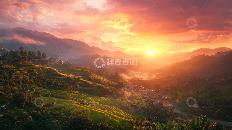 高清大图下载【趣麦麦图】日落山谷田园风光