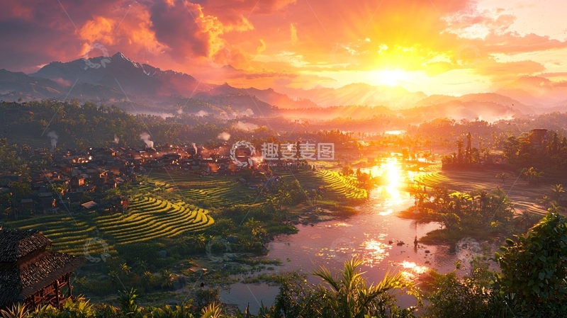 高清大图下载【趣麦麦图】落日余晖下的山村小镇