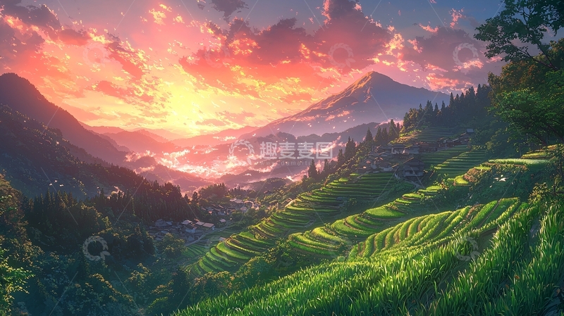 高清大图下载【趣麦麦图】日落下的梯田山峦