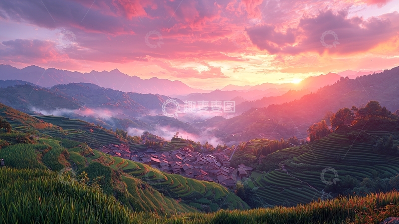 高清大图下载【趣麦麦图】山间梯田日出
