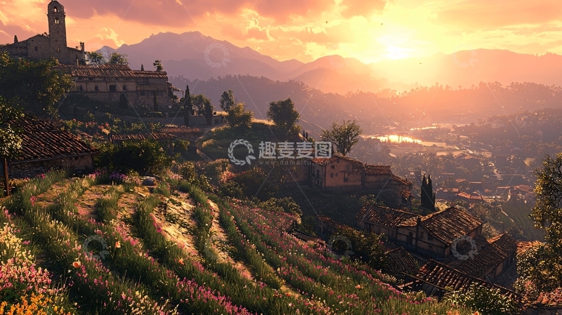 高清大图下载【趣麦麦图】夕阳下的山间小镇