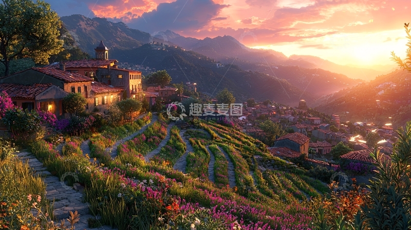 高清大图下载【趣麦麦图】山间小镇夕阳美景