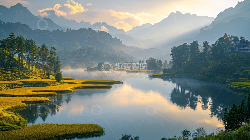 高清大图下载【趣麦麦图】清晨山峦湖泊景色