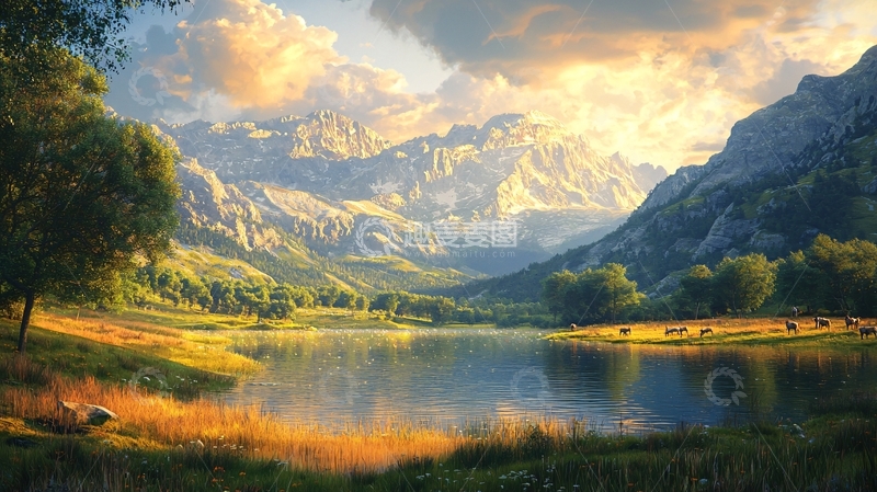 高清大图下载【趣麦麦图】阳光下的山脉湖泊