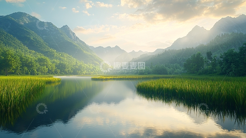 高清大图下载【趣麦麦图】山峦湖泊清晨阳光