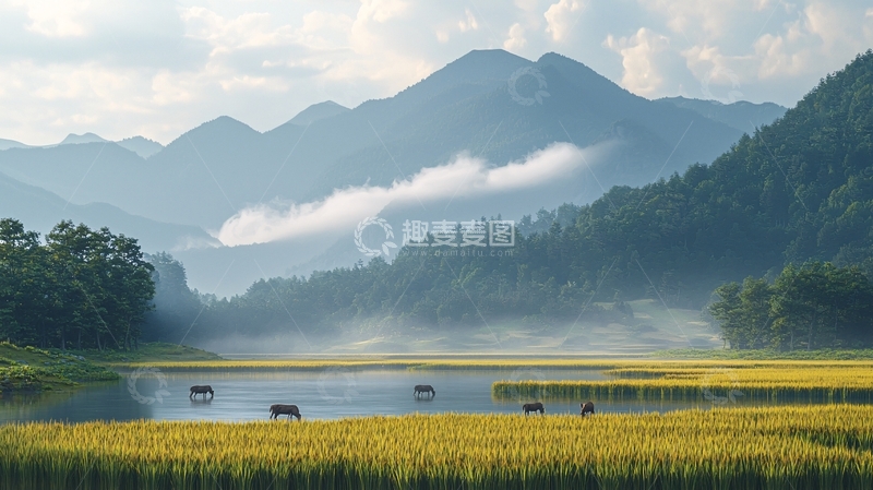高清大图下载【趣麦麦图】山峦环绕的湖边稻田