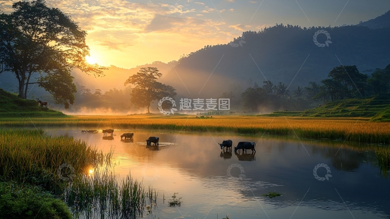 高清大图下载【趣麦麦图】清晨湖边水牛日出