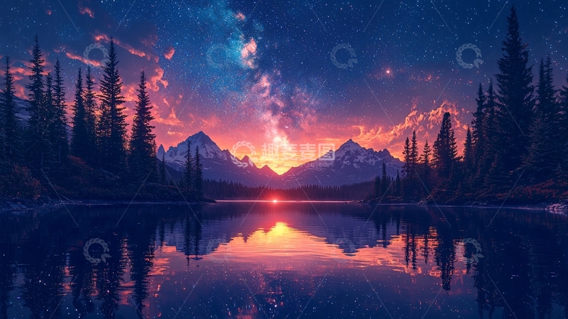 高清大图下载【趣麦麦图】梦幻山峰日落湖景