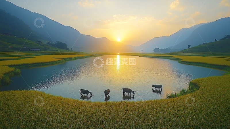 高清大图下载【趣麦麦图】日出湖光山色