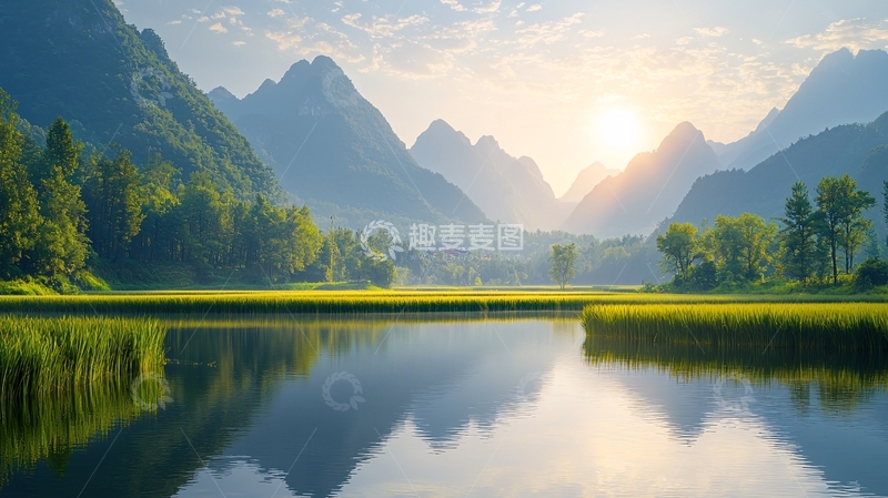 高清大图下载【趣麦麦图】清晨山峦湖泊倒影