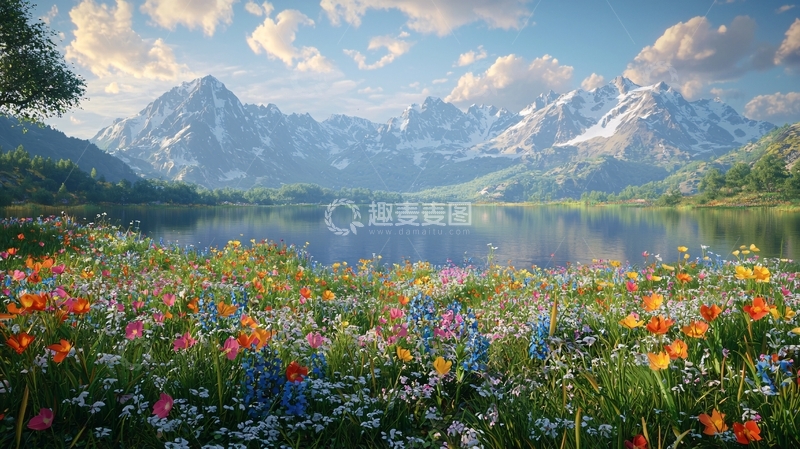 高清大图下载【趣麦麦图】雪山湖泊鲜花