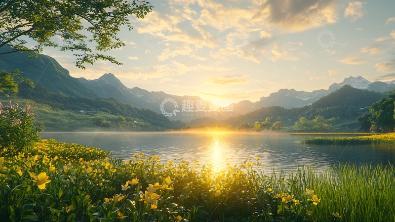高清大图下载【趣麦麦图】山峰湖泊日出美景