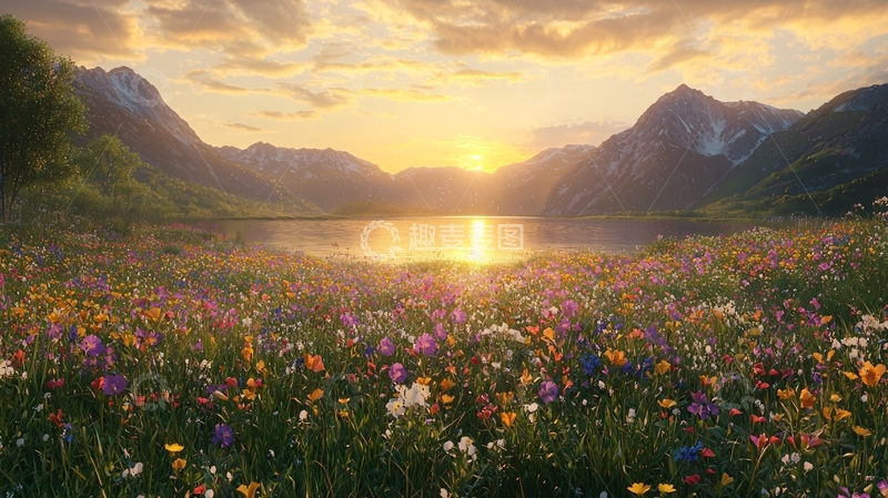 高清大图下载【趣麦麦图】夕阳下鲜花盛开的山谷湖泊