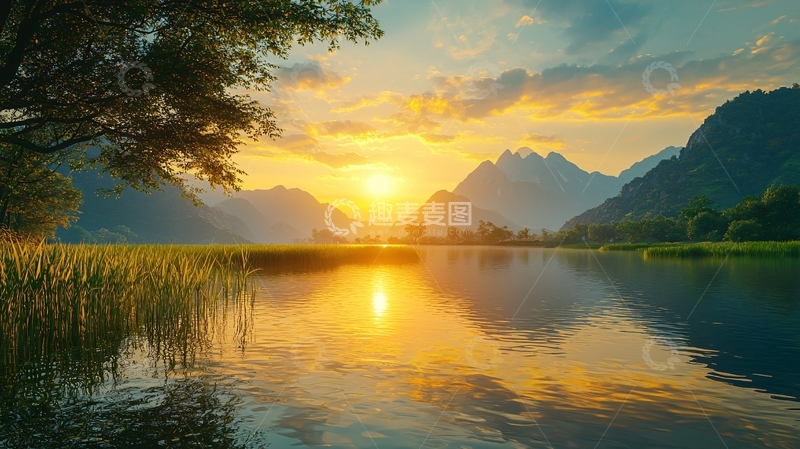 高清大图下载【趣麦麦图】湖光山色夕阳西下