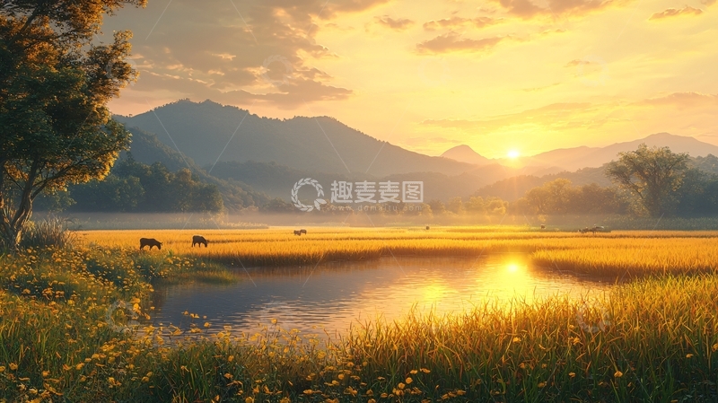 高清大图下载【趣麦麦图】金色夕阳下的田园风光