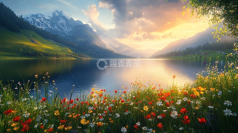 高清大图下载【趣麦麦图】山脉湖泊鲜花日落