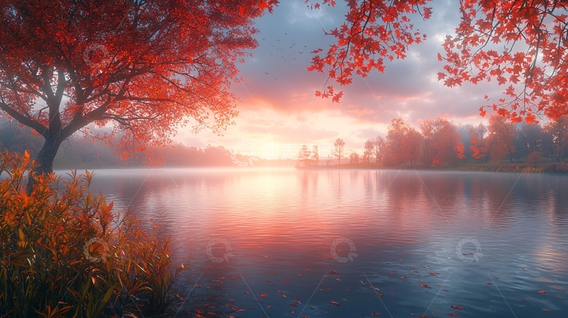 高清大图下载【趣麦麦图】秋日清晨湖边红叶