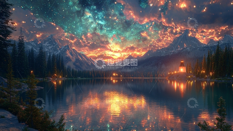 高清大图下载【趣麦麦图】梦幻星空湖泊雪山日落