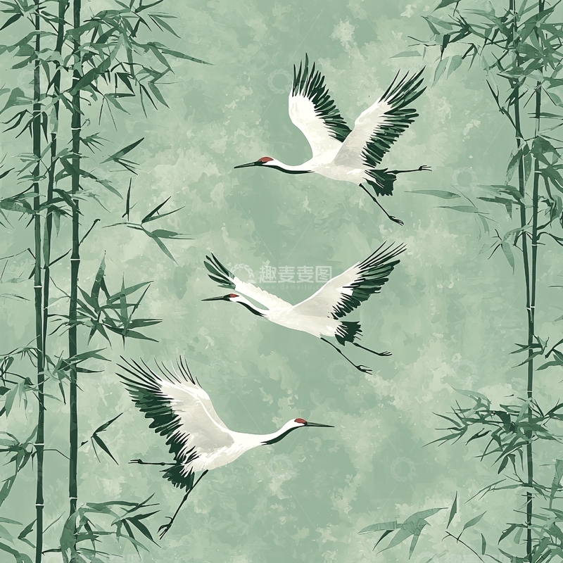 高清大图下载【趣麦麦图】水墨丹青绿竹鹤