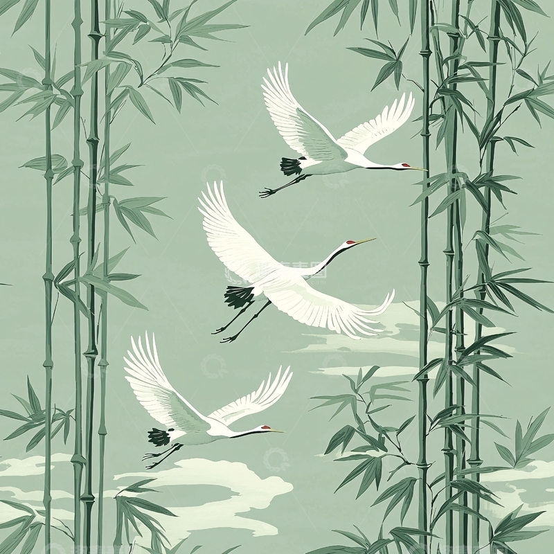 高清大图下载【趣麦麦图】水墨丹青白鹤竹林