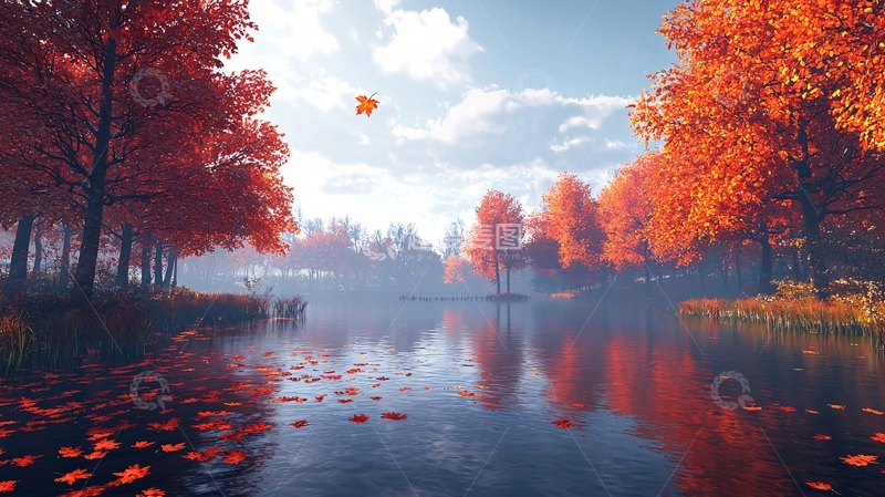 高清大图下载【趣麦麦图】秋日红叶湖边景色