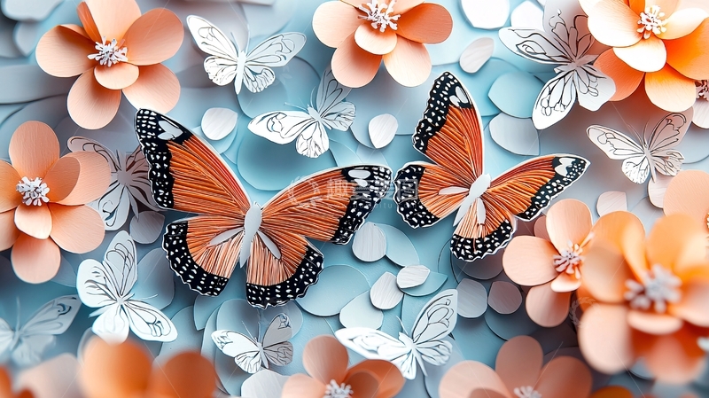 高清大图下载【趣麦麦图】橙色蝴蝶和纸花
