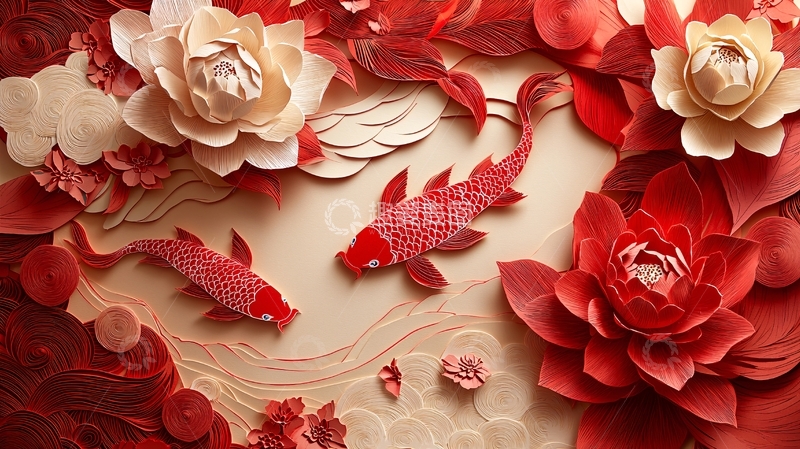 高清大图下载【趣麦麦图】红鲤鱼花朵纸艺