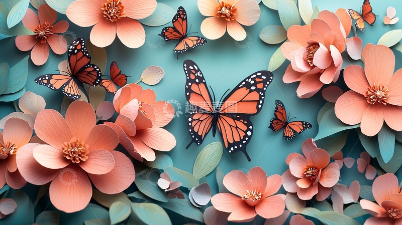 高清大图下载【趣麦麦图】纸艺花卉与蝴蝶
