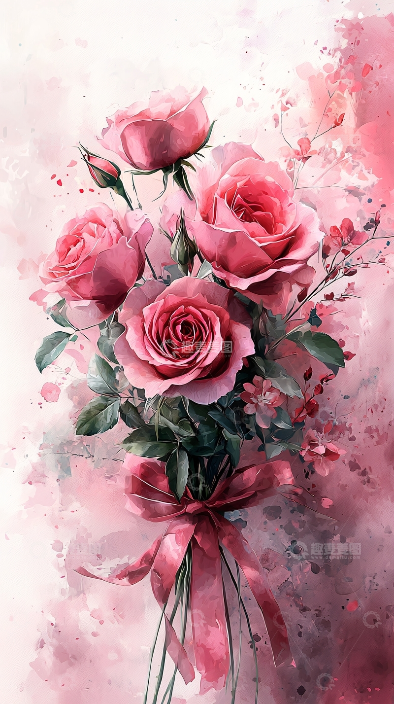 高清大图下载【趣麦麦图】粉色玫瑰花束水彩画