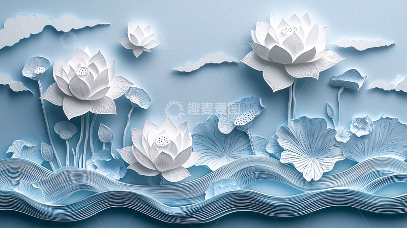 高清大图下载【趣麦麦图】蓝白立体莲花壁纸