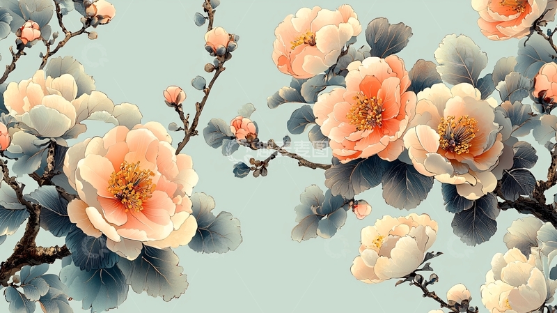 高清大图下载【趣麦麦图】水墨淡彩花卉图案