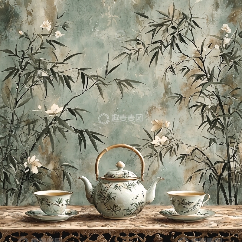 高清大图下载【趣麦麦图】水墨竹子茶具