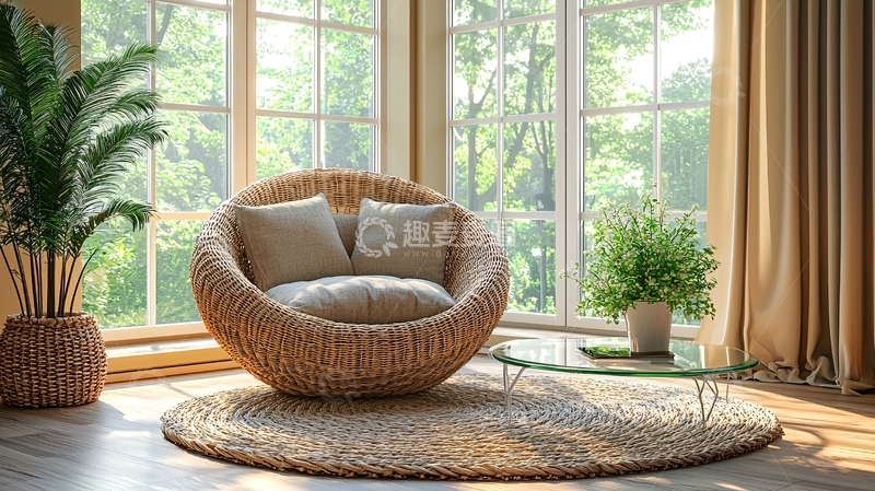 高清大图下载【趣麦麦图】阳光透过落地窗洒在藤椅上