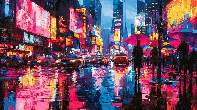 高清大图下载【趣麦麦图】夜晚的纽约雨中街景