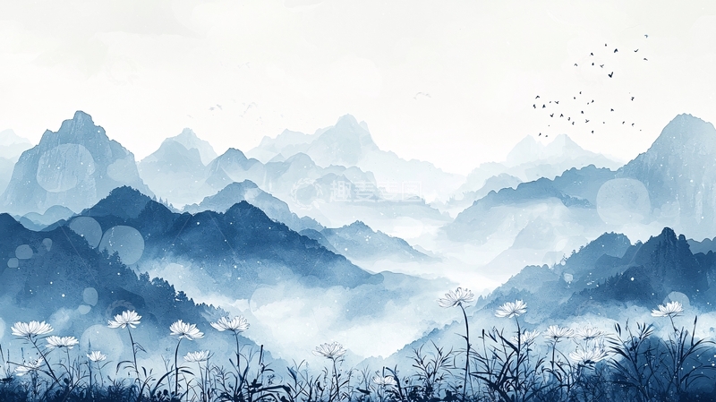 高清大图下载【趣麦麦图】水墨蓝调山峦景色