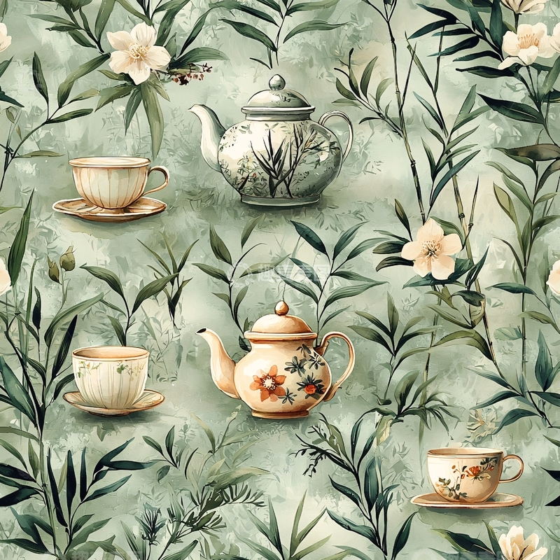 高清大图下载【趣麦麦图】茶具花卉绿底图案