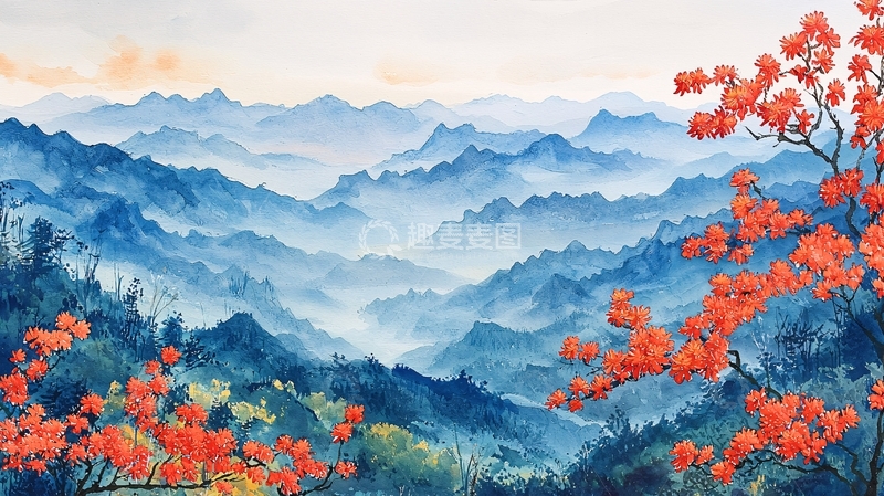 高清大图下载【趣麦麦图】蓝调山峦水彩画